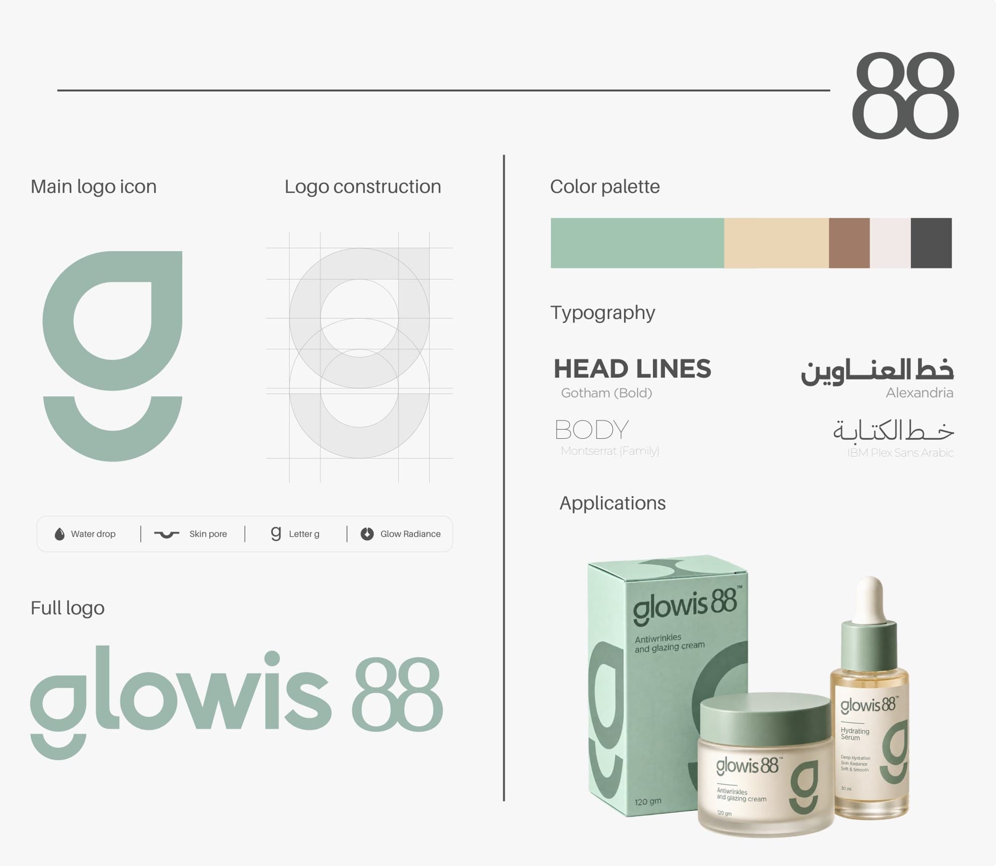 Glowis 88 identity sheet: icon, logo construction, colours and typography