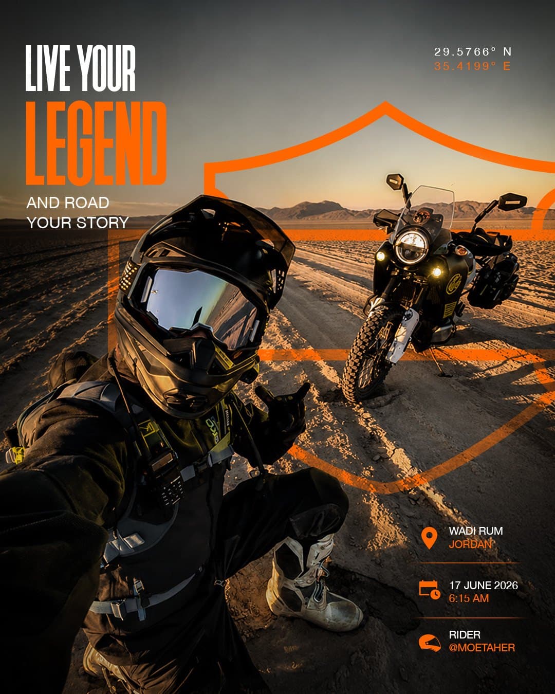"Live your legend" post: rider on the road at sunset