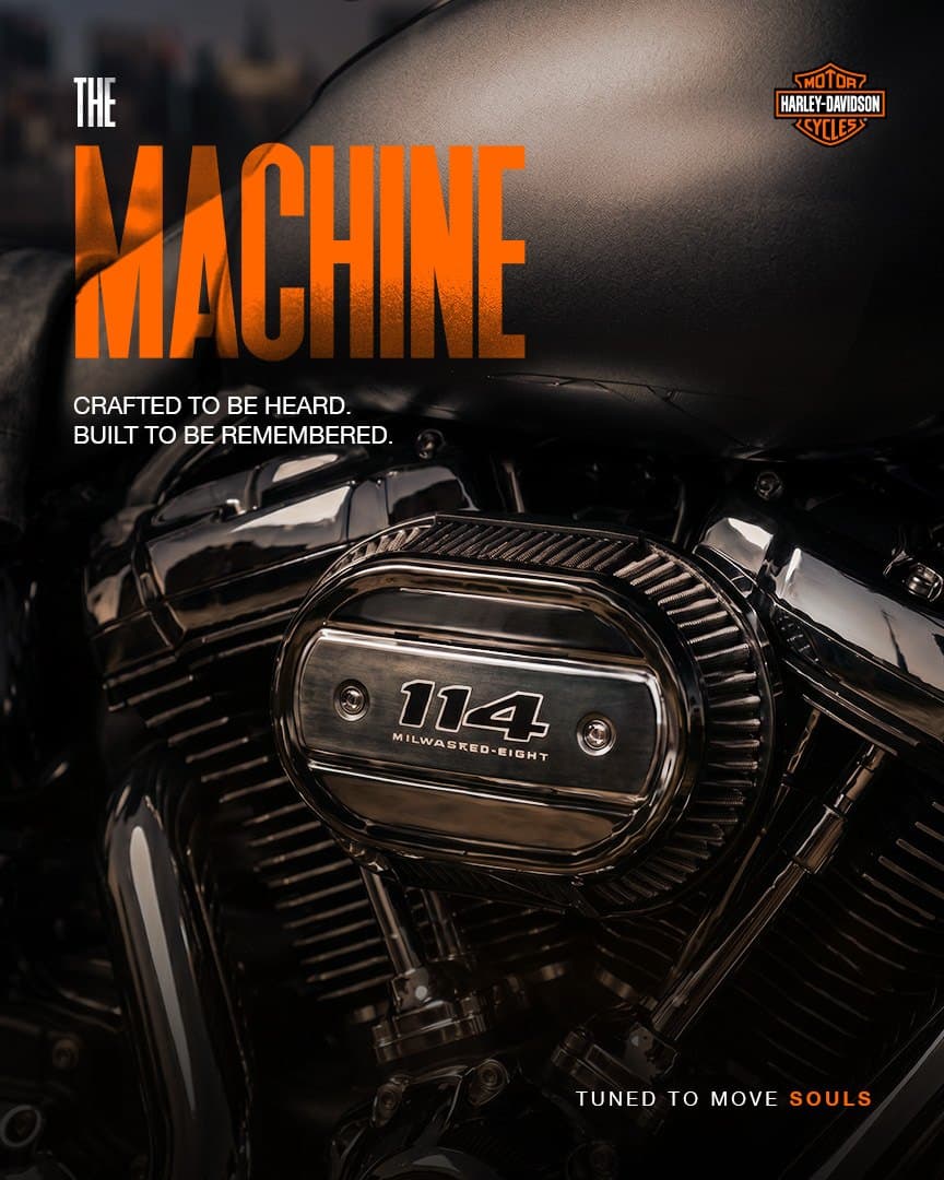 "The Machine" content pillar: close-up of a Harley-Davidson engine