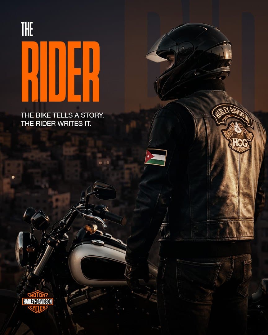 "The Rider" content pillar: a rider in leather beside his motorcycle
