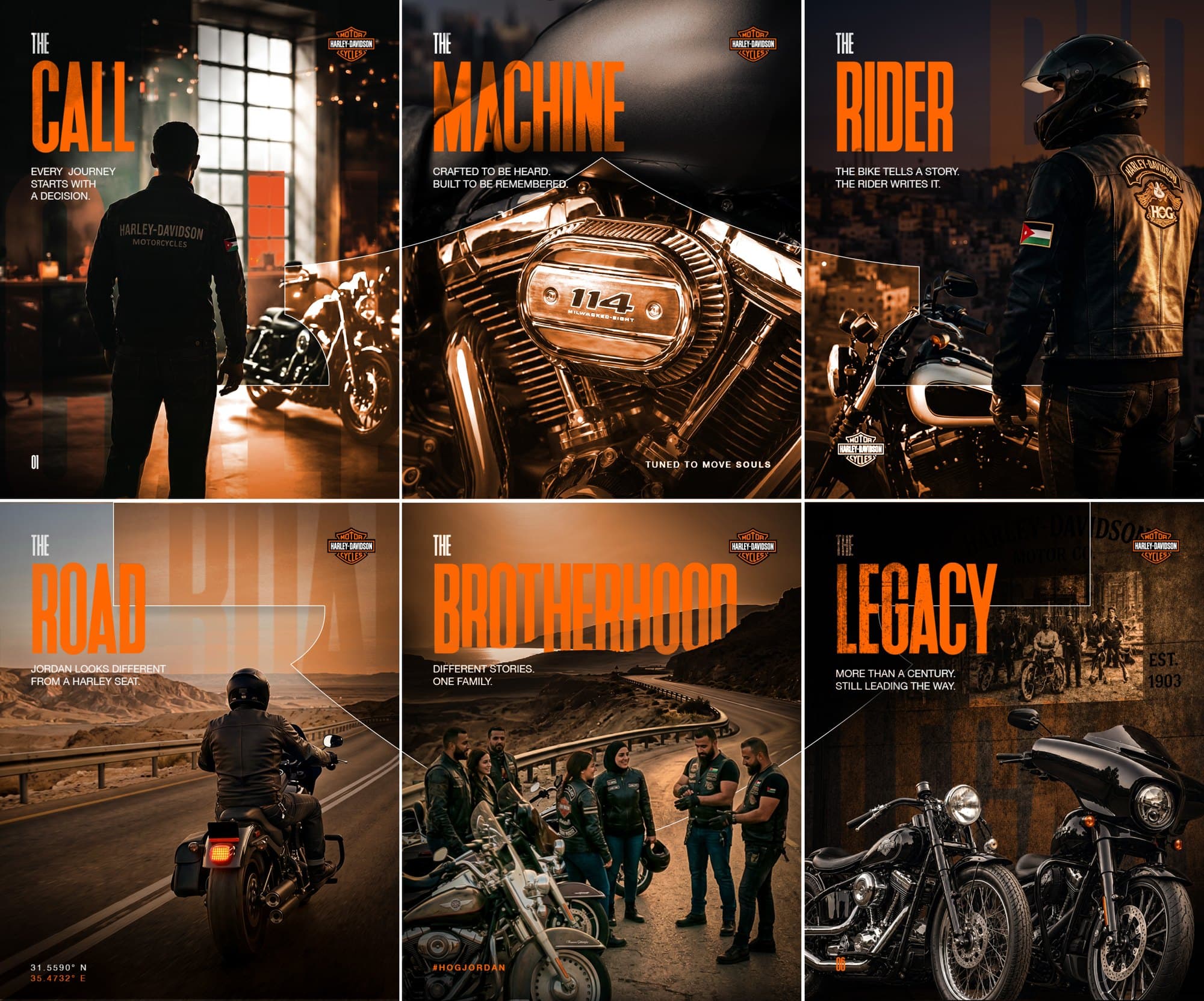 Instagram grid showing the six Harley-Davidson Amman content pillars