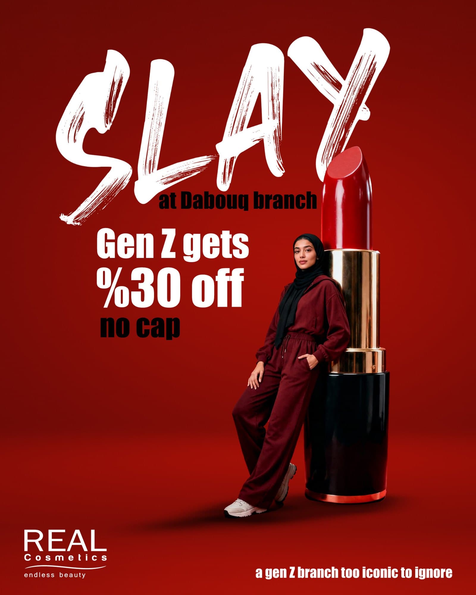 REAL Cosmetics Dabouq "Slay" campaign visual with a Gen Z offer