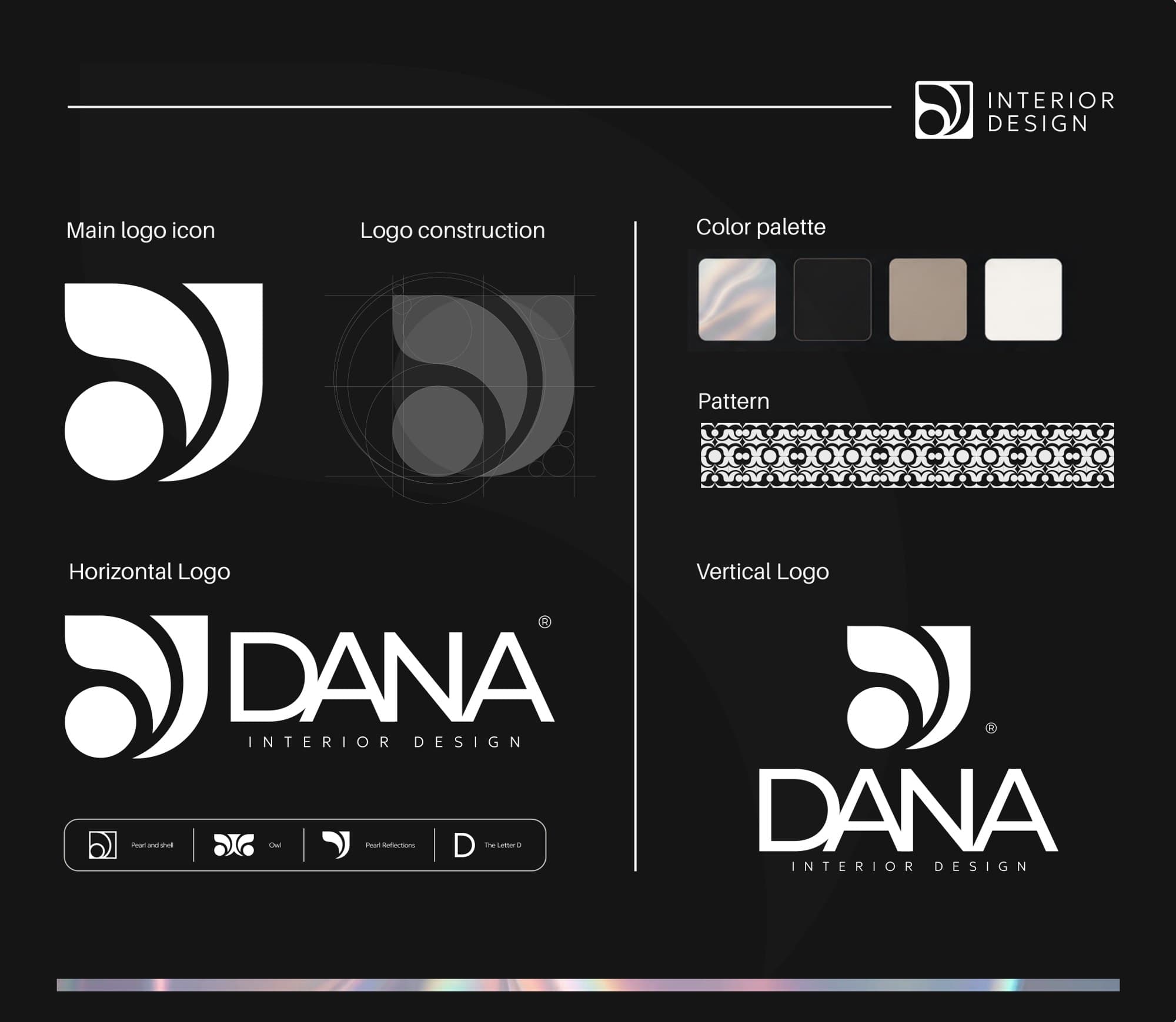 DANA Interior Design identity system: icon, logo construction, colour palette and pattern